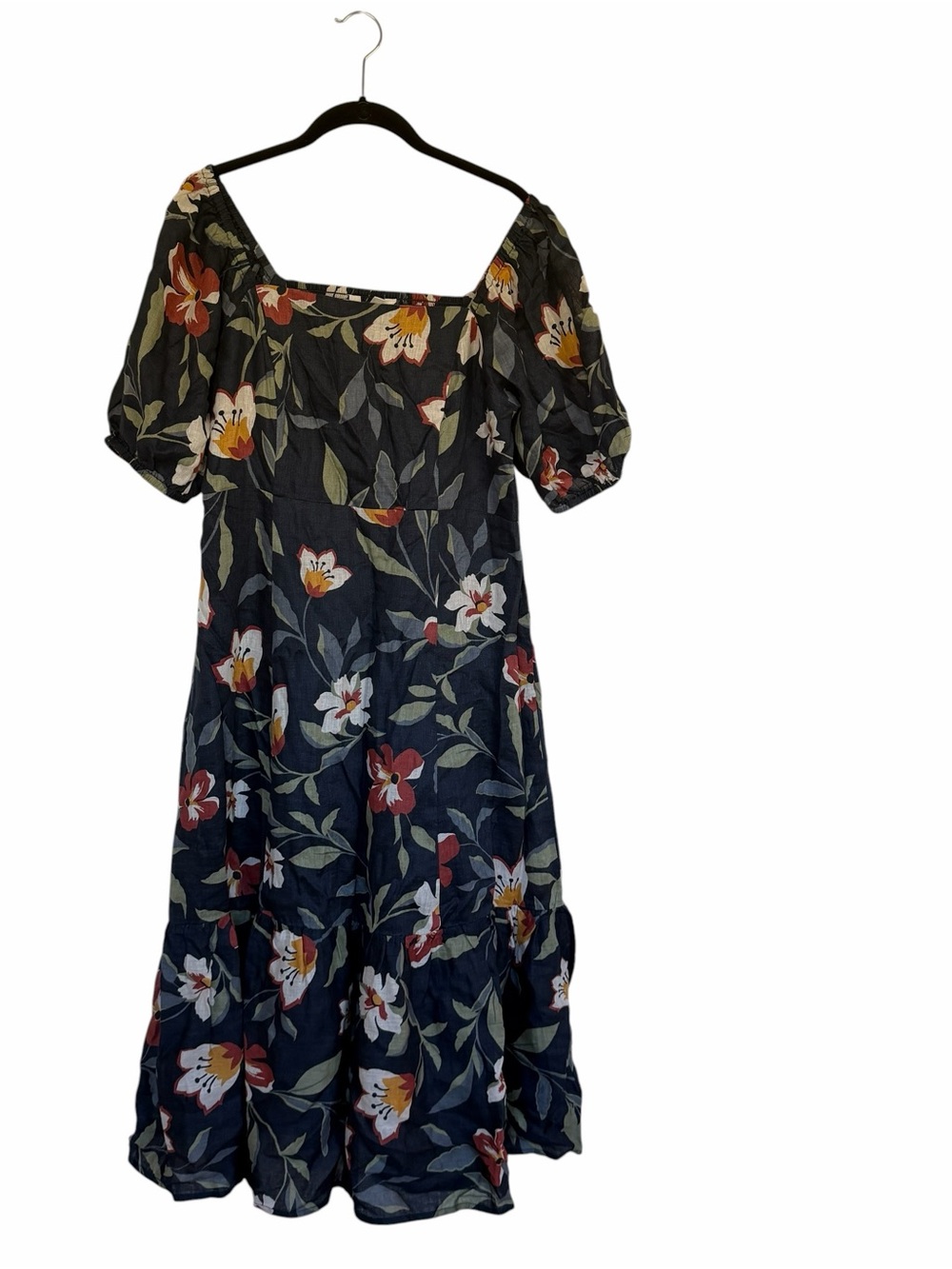 Garnet Hill European Flax Linen Puff-Sleeve Midi Floral Boho Romantic Dress Sz M